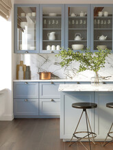 3d Rendering Of A Light Blue Rustic Country Kitchen With White Marble Backsplash, An Island And Vintage Stools, Vertical Closeup