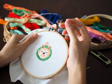 Hand Craft Embroidery Art Woman Hobby Shiba Dog Flower Pattern Handmade Selected Focus
