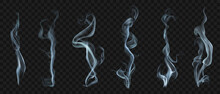 Set Of Several Realistic Transparent Smoke Or Steam In White And Gray Colors, For Use On Dark Background. Transparency Only In Vector Format