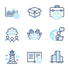 Poster - Industrial icons set. Included icon as Technical info, Lighthouse, Open box signs. Buildings, Construction toolbox, Builders union symbols. Engineering team, Operational excellence. Vector