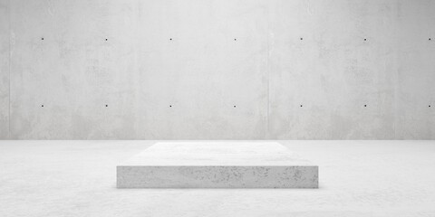 empty modern abstract concrete room with elevated cubical platform in the center, product presentati