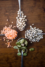 Spoons With Chickpeas, Black Eyed Peas, Fava Beans And Red Lentil