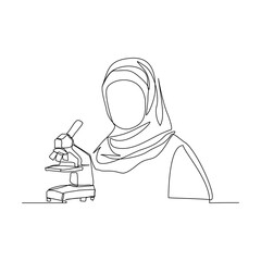 Wall Mural - continuous line drawing of female muslim scientist analyze using microscope wearing hijab in laborat