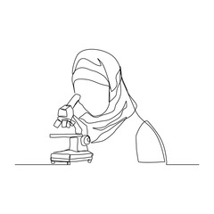 Wall Mural - continuous line drawing of female muslim scientist analyze using microscope wearing hijab in laborat