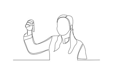 Wall Mural - continuous line drawing of female scientist analyze formula on laboratory tube. one line concept of 