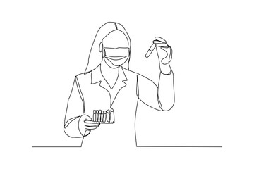 Wall Mural - continuous line drawing of female scientist analyze formula on laboratory tube. one line concept of 