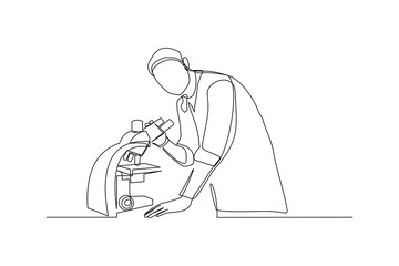 Wall Mural - continuous line drawing of male scientist analyze using microscope in laboratory. one line concept o