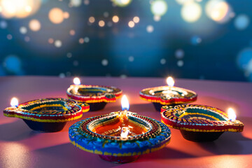 Wall Mural - Indian festival Diwali, Diya oil lamps lit on colorful rangoli. Hindu traditional. Happy Deepavali. Copy space for text.