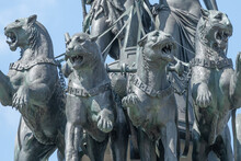 Four Panthers Details At The Old Statue Of Dionis And Aridna Quadriga On The Top Of The State Opera House In Downtown Of Dresden, Germany, Closeup.