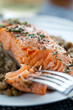 © Andrew Scrivani - Steamed salmon with lentils on plate