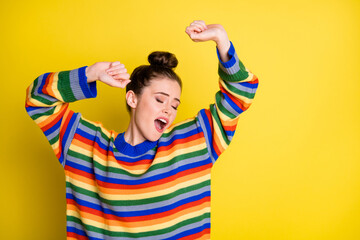 Poster - Photo of sleepy cute woman yawn raise hands closed eyes stand copyspace isolated on yellow color background