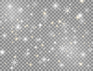 Wall Mural - snow and snowflakes bright design element. glowing light effect. golden and white sparkles on transp