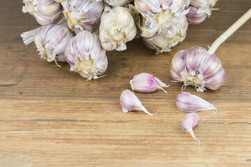 Wall Mural - Natural, organic garlic on wooden background  
