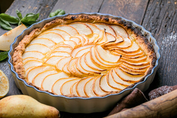 La Tarte Bourdaloue - French pear tart or pie with fresh pear fruits