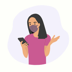 Wall Mural - Young woman in mask looks into the smartphone.Vector flat style  illustration