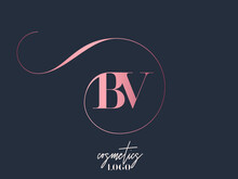 BV Monogram Logo.Typographic Icon With Metallic Pink Letter B And Letter V.Uppercase Lettering Sign With Decorative Swirl.Alphabet Initials Isolated On Dark Fund.Modern,luxury,beauty,boutique Style.