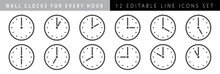 Horizontal Set Of Analog Clock Icon Notifying Each Hour Isolated On White,vector Illustration