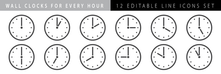 Wall Mural - horizontal set of analog clock icon notifying each hour isolated on white,vector illustration