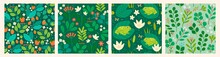 Various Branches, Flowers, Leaves, Frogs, Water Lillies. Hand Drawn Vector Illustrations. Design For Fabric, Textile, Wrapping Paper. Set Of Four Colorful Seamless Patterns, Wallpapers, Backgrounds