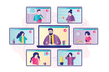 Wall Mural - Colleagues talking at online conference call. Businessman in suit on laptop screen. People works from home via video call
