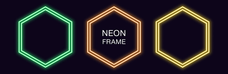 Wall Mural - Neon hexagon Frame. Set of hexagonal neon Border with double outline