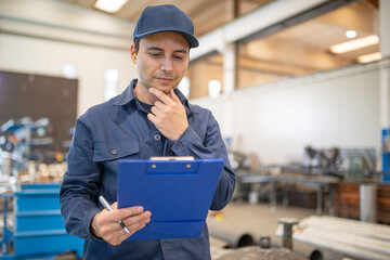 Worker reading document in industrial facility