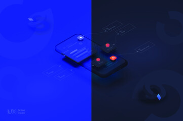 Poster - user experience. smartphone mockup on black background with interactive user interface. the process 