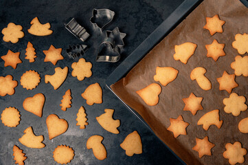 Homemade, delicious Cookies for Christmas fresh out of the oven. Forms for the Cookies lying nearby. Top shot