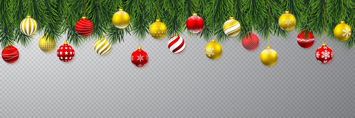 Wall Mural - festive christmas or new year background. christmas tree branches and xmas golden ball. vector illus