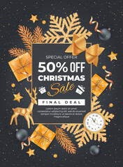 Christmas and New Year Discount Sale Flyer Background Final Deal Special Seasonal Offer Golden snowflakes, gift boxes, wall clock, fir branches, deer, balls, stars.