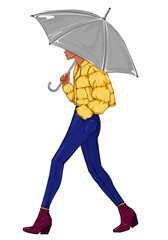 Hand drew fashion sketch girl with a grey umbrella. Woman wearing a short yellow jacket and steps on a white background. Lookbook text on the white background. 