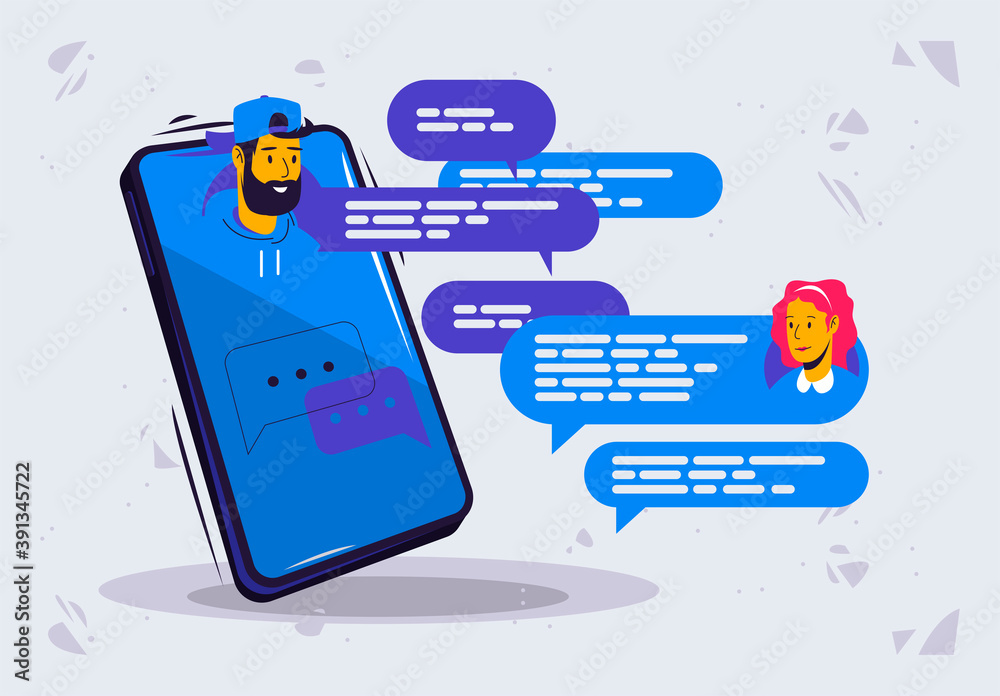 Vector illustration of online chat between a man and a woman with avatars, cloud for text in a messenger in a smartphone - obrazy, fototapety, plakaty 