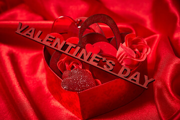 Wall Mural - Valentines Day Background, Valentine Heart Red Silk Fabric, Wedding Love - Image