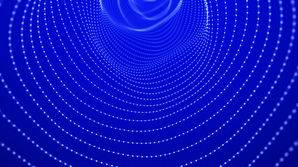 Poster - Abstract tunnel of dots. Abstract gradient dynamic wave of glowing particles. Network of neon dots. Big data. Digital background. 3D wormhole with a mesh structure. Vortex. 3d rendering