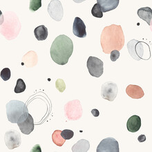 Watercolor Abstract Pattern With Creative Elements Scattered On Light Gray Background. Seamless Texture Of Spots, Dots And Circles For Your Design.