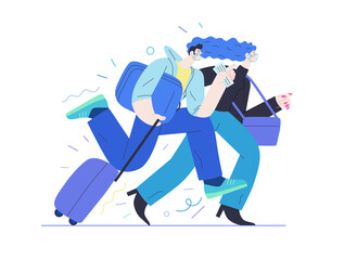 Travel insurance -medical insurance illustration -modern flat vector concept digital illustration - harrying young couple running with suitcases in the airport rush