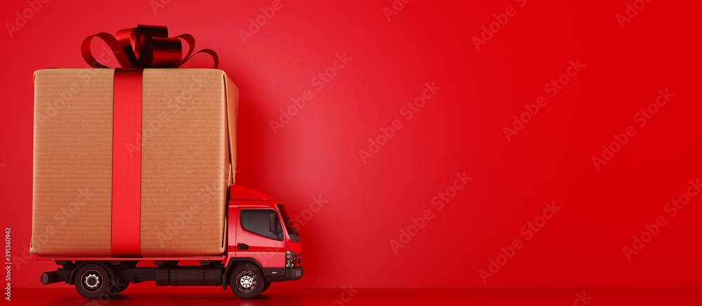 Big Christmas gift packages on a red truck ready to be delivered - obrazy, fototapety, plakaty 