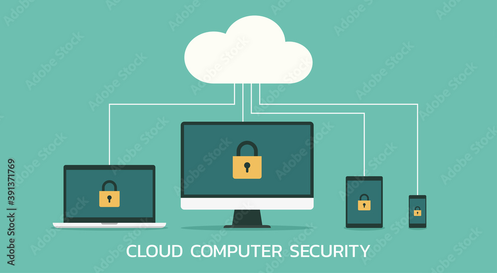 Cloud computing security concept with computer, tablet, laptop and ...