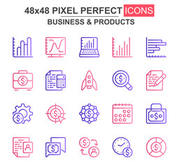 Fototapete - Business and products thin line icon set. Rocket, chart, goal, finance, capital, scheduler, stock index unique icons. Outline vector bundle for UI UX design. 48x48 pixel perfect linear pictogram pack.