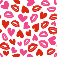 Seamless Pattern With Lips Traces And Hearts. Vector Illustration.
