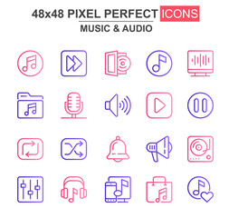 Poster - Music and audio thin line icon set. Player, mixer, equalizer, headphone, loudspeaker, record, microphone unique icons. Outline vector bundle for UI UX design. 48x48 pixel perfect linear pictogram pack