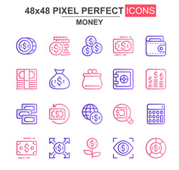 Leinwandbilder - Money thin line icon set. Dollar, wallet, bank safe, calculator, capital, payment, exchange, investment unique icons. Outline vector bundle for UI UX design. 48x48 pixel perfect linear pictogram pack.