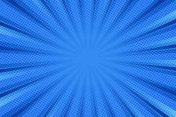 pop art background for poster or book in blue color. radial rays backdrop with halftone effect in co