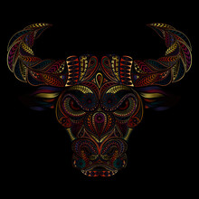 Original Vector Bull From Patterns In The Zentangle Style On A Black Background. Symbol Of Chinese New Year 2021