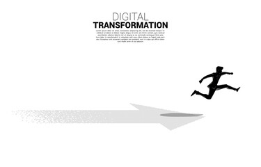 Poster - Silhouette of businessman jumping on the arrow from pixel. concept of digital transformation of business.