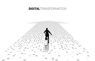 Wall Mural - Silhouette of businessman running on the arrow from pixel. concept of digital transformation of business.
