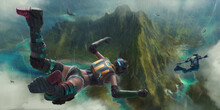 Heroic Players Parachute Into The Chaotic Action Of A Virtual Battlefield Below. A Fictional Image Showing A Video Game Scene Of Players Descending Towards A Tropical Island. 