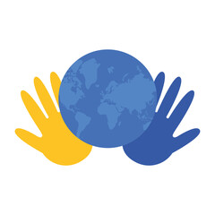 Sticker - hands print colors yellow and blue syndrome down in world planet