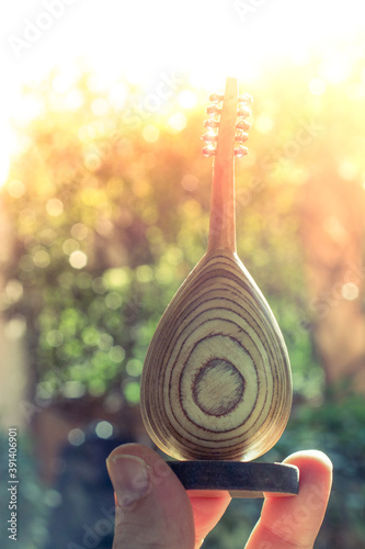 Fotomural Man's hand holding backside of mini classic stringed musical instrument