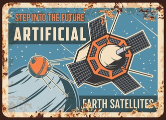 Poster - Artificial Earth satellites vector rusty metal plate, sputniks fly on Earth or alien planet orbit retro poster. Galaxy exploration vintage card, deep space investigation science mission rust tin sign.